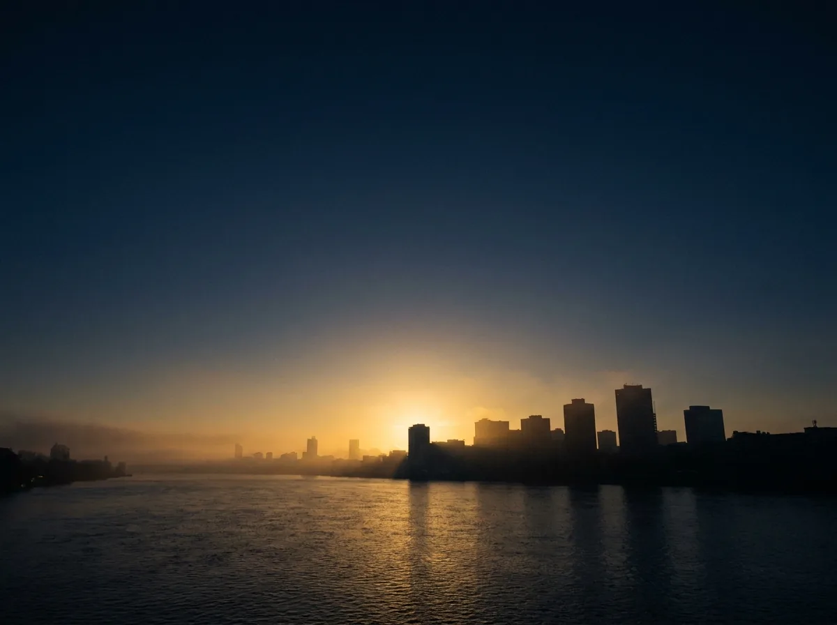 Amanecer dorado sobre el horizonte de la ciudad