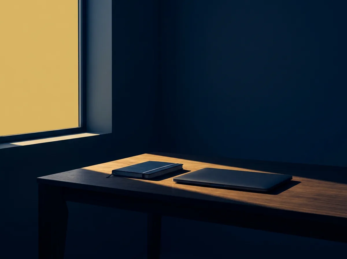 Escritorio minimalista iluminado por la primera luz del amanecer